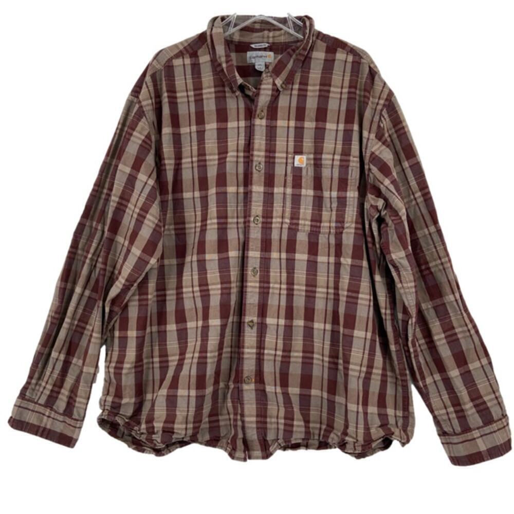 Carhart Button Down Shirt Mens 2XL‎ Burgundy Tan Plaid Relaxed Fit Long Sleeve